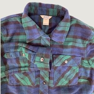 Duluth Trading Co Flannel Shirt Womens S Blue Green Plaid Button Down Utility